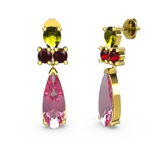 Şana Damla Küpe - Pembe kuvars, peridot ve garnet 14 ayar altın küpe #vhanu3