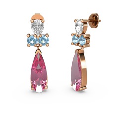 Pembe kuvars, beyaz zirkon ve akuamarin 925 ayar rose altın kaplama gümüş küpe