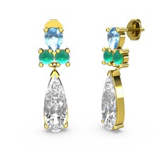 Şana Damla Küpe - Swarovski, akuamarin ve kök zümrüt 18 ayar altın küpe #wbnsfd