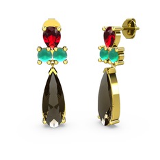 Şana Damla Küpe - Dumanlı kuvars, garnet ve kök zümrüt 14 ayar altın küpe #wni05r