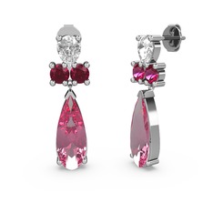 Pembe kuvars, beyaz zirkon ve rodolit garnet 14 ayar beyaz altın küpe