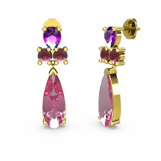Şana Damla Küpe - Pembe kuvars, ametist ve kök yakut 18 ayar altın küpe #wv7g8g