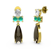 Şana Damla Küpe - Dumanlı kuvars, beyaz zirkon ve kök zümrüt 14 ayar altın küpe #x52548
