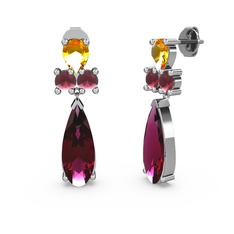 Şana Damla Küpe - Rodolit garnet, sitrin ve kök yakut 14 ayar beyaz altın küpe #xz510s