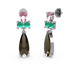 Şana Damla Küpe - Dumanlı kuvars, pembe kuvars ve kök zümrüt 8 ayar beyaz altın küpe #y2puds