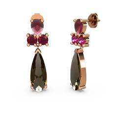 Dumanlı kuvars, kök yakut ve rodolit garnet 8 ayar rose altın küpe