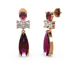 Rodolit garnet, kök yakut ve beyaz zirkon 8 ayar rose altın küpe
