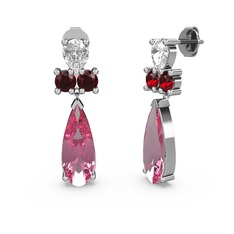Şana Damla Küpe - Pembe kuvars, beyaz zirkon ve garnet 8 ayar beyaz altın küpe #ytk766