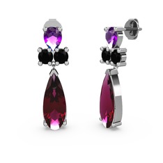 Rodolit garnet, ametist ve siyah zirkon 8 ayar beyaz altın küpe