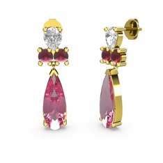 Pembe kuvars, swarovski ve kök yakut 14 ayar altın küpe