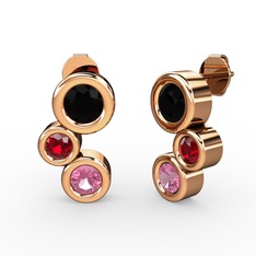 Pembe kuvars, siyah zirkon ve garnet 925 ayar rose altın kaplama gümüş küpe