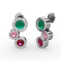 Rodolit garnet, kök zümrüt ve pembe kuvars 14 ayar beyaz altın küpe