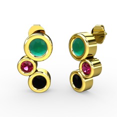 Vinda Küpe - Siyah zirkon, kök zümrüt ve rodolit garnet 18 ayar altın küpe #123zl0x