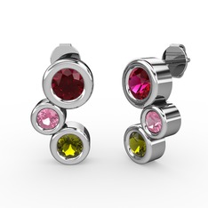 Peridot, rodolit garnet ve pembe kuvars 8 ayar beyaz altın küpe