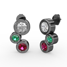 Rodolit garnet, swarovski ve yeşil kuvars 925 ayar siyah rodyum kaplama gümüş küpe