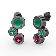 Rodolit garnet, kök zümrüt ve yeşil kuvars 925 ayar siyah rodyum kaplama gümüş küpe