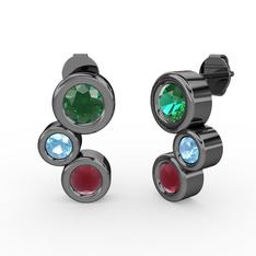 Vinda Küpe - Kök yakut, yeşil kuvars ve akuamarin 925 ayar siyah rodyum kaplama gümüş küpe #13le2ha