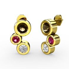 Pırlanta, dumanlı kuvars ve rodolit garnet 14 ayar altın küpe (1 karat)