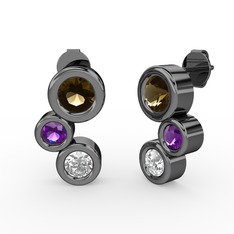 Vinda Küpe - Pırlanta, dumanlı kuvars ve ametist 925 ayar siyah rodyum kaplama gümüş küpe (1 karat) #13u5vl7