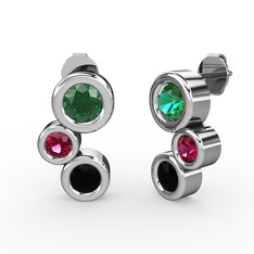 Siyah zirkon, yeşil kuvars ve rodolit garnet 18 ayar beyaz altın küpe