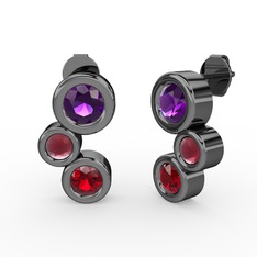 Garnet, ametist ve kök yakut 925 ayar siyah rodyum kaplama gümüş küpe