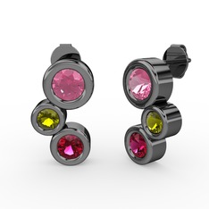 Vinda Küpe - Rodolit garnet, pembe kuvars ve peridot 925 ayar siyah rodyum kaplama gümüş küpe #14sjkvh