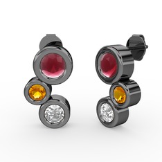 Vinda Küpe - Beyaz zirkon, kök yakut ve sitrin 925 ayar siyah rodyum kaplama gümüş küpe #14vv444