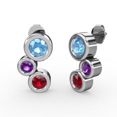 Garnet, akuamarin ve ametist 8 ayar beyaz altın küpe