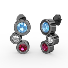 Vinda Küpe - Rodolit garnet, akuamarin ve beyaz zirkon 925 ayar siyah rodyum kaplama gümüş küpe #1567gpx