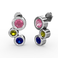 Lab safir, pembe kuvars ve peridot 14 ayar beyaz altın küpe