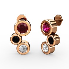Swarovski, rodolit garnet ve siyah zirkon 14 ayar rose altın küpe