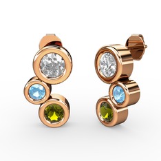 Peridot, beyaz zirkon ve akuamarin 8 ayar rose altın küpe