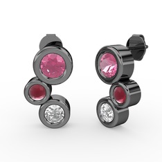 Beyaz zirkon, pembe kuvars ve kök yakut 925 ayar siyah rodyum kaplama gümüş küpe