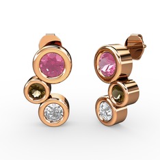 Beyaz zirkon, pembe kuvars ve dumanlı kuvars 14 ayar rose altın küpe