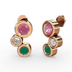 Kök zümrüt, pembe kuvars ve swarovski 14 ayar rose altın küpe