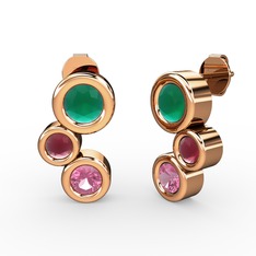 Pembe kuvars, kök zümrüt ve kök yakut 8 ayar rose altın küpe