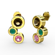 Vinda Küpe - Pembe kuvars, dumanlı kuvars ve kök zümrüt 8 ayar altın küpe #1a061sf