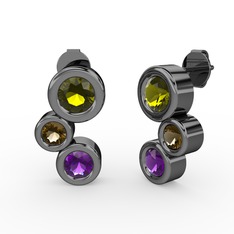 Vinda Küpe - Ametist, peridot ve dumanlı kuvars 925 ayar siyah rodyum kaplama gümüş küpe #1b14qao