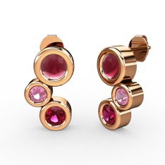 Rodolit garnet, kök yakut ve pembe kuvars 8 ayar rose altın küpe