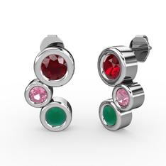Kök zümrüt, garnet ve pembe kuvars 18 ayar beyaz altın küpe