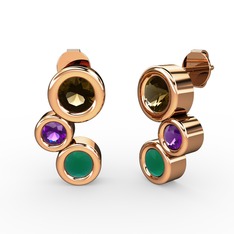 Kök zümrüt, dumanlı kuvars ve ametist 18 ayar rose altın küpe