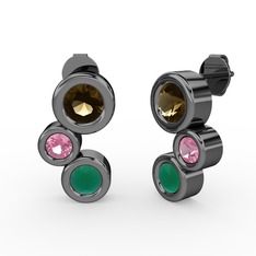 Vinda Küpe - Kök zümrüt, dumanlı kuvars ve pembe kuvars 925 ayar siyah rodyum kaplama gümüş küpe #1djrkl0