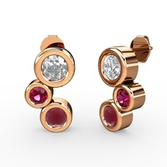 Kök yakut, beyaz zirkon ve rodolit garnet 14 ayar rose altın küpe