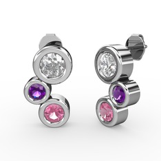 Vinda Küpe - Pembe kuvars, swarovski ve ametist 18 ayar beyaz altın küpe #1e8pyhk