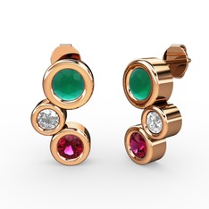 Rodolit garnet, kök zümrüt ve swarovski 18 ayar rose altın küpe