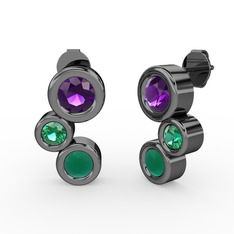 Vinda Küpe - Kök zümrüt, ametist ve yeşil kuvars 925 ayar siyah rodyum kaplama gümüş küpe #1hbs092