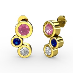 Vinda Küpe - Beyaz zirkon, pembe kuvars ve lab safir 14 ayar altın küpe #1io3okd