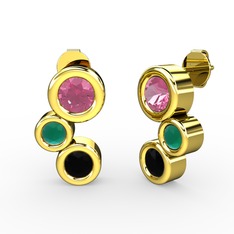Vinda Küpe - Siyah zirkon, pembe kuvars ve kök zümrüt 14 ayar altın küpe #1iylr2y