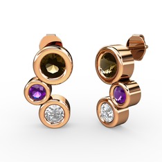 Pırlanta, dumanlı kuvars ve ametist 14 ayar rose altın küpe (1 karat)