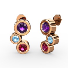 Rodolit garnet, ametist ve akuamarin 8 ayar rose altın küpe